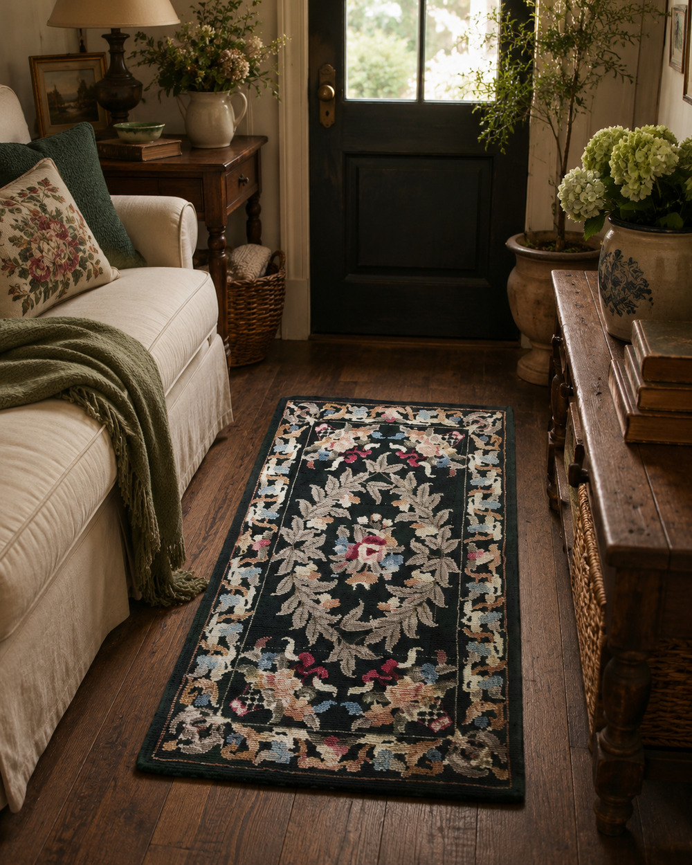 Vtg 1980's - 1990s Dk Green Multi Color Floral Hook Rug 45" x 24" - R 40